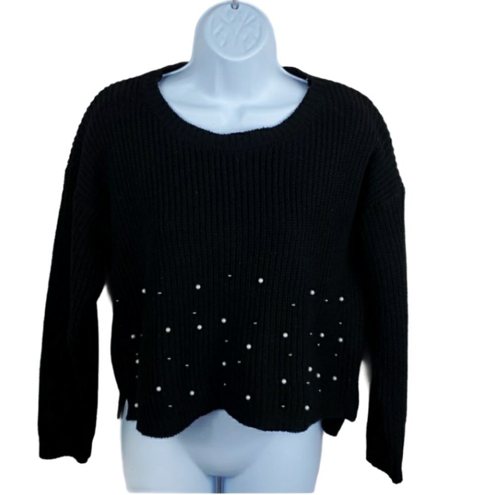 JVini Womens Pearl Detailed Black Sweater